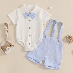 NEW Baby Boys Bow Tie Bodysuit Suspender Shorts Outfit Set - Picture 1 of 8