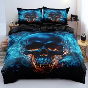 Blue Color Skull Duvet Cover Set King Size Gothic Comforter Cover with 2 Pill... - Picture 1 of 5