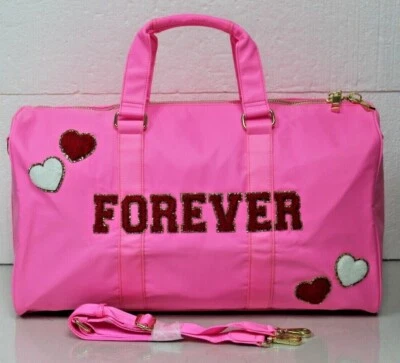$399 NEW STONEY CLOVER Classic LARGE DUFFLE BAG Bubblegum Pink 11 Glitter PATCH - Image 1 of 4