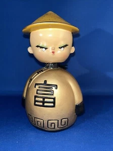 Vintage Ceramic Chinese Bobblehead Bank Rhinestone Eyes With Stopper Gold - Picture 1 of 6