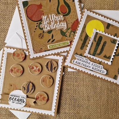 Pack of 3 handmade birthdays cards with matching tags. Sunshine kisses ☀️🌵🐠🥑 - Image 1 of 4