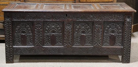 Antique English 17th Century Jacobean Carved Blanket Chest Coffer Trunk 1600's Cover