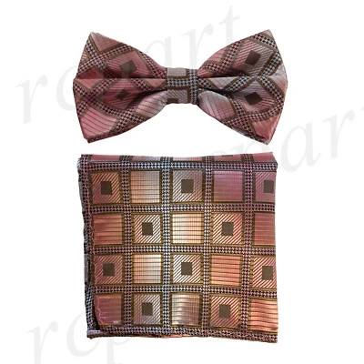 Conjunto de pajarita y pañuelo preatado para hombre marrón coral cuadros y cuadros formal graduación Foto 1 de 4