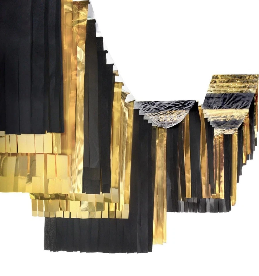 $72 Black + Gold Fringe Ceiling Drape Decor Grad Birthday New Year's Eve Party - Image 1 of 4