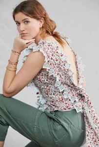 Anthropologie Blue Tassel Women Floral Cotton Trina Bow Blouse Top Size Small - Picture 1 of 5