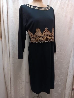 Vestido bordado dourado tricô acrílico e lã preto anos 1980 90 Carole Little G - Imagem 1 de 4