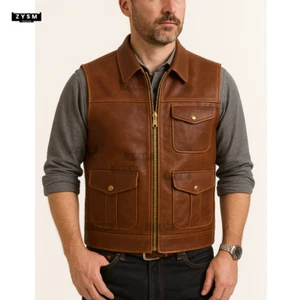 Chaleco utilitario de cuero de vaca marrón para hombre - Chaleco de caza al aire libre - S-5XL - Imagen 1 de 16