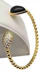 Gold Plated Open Cuff Bracelet With Black Stone & Clear Crystal Teardrop Accents - Picture 1 of 3