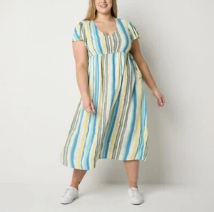 Frye and Co Women's Plus Size 2x Short Sleeve Striped Midi Fit Flare Dress Lily - Picture 1 of 3