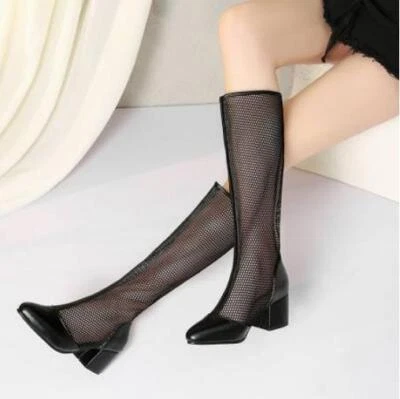 Women's Hollow Out Chunky Heel Shoes Mesh Boots Zipper Round Toe Knight Boots 45 - Image 1 of 4