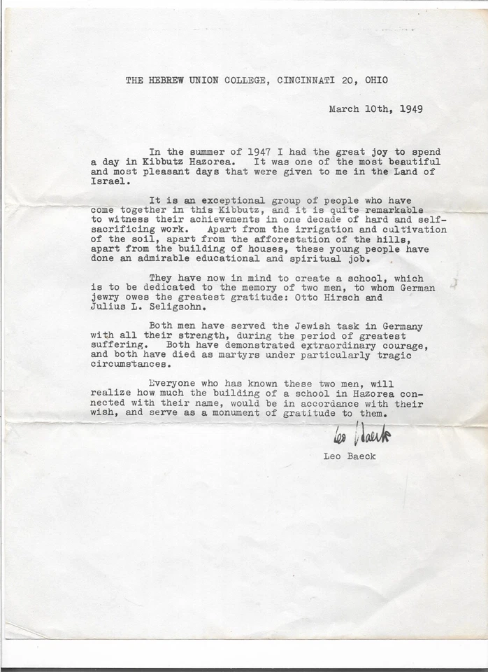 Leo Baeck Maschinengeschriebener Brief mit handschriftlicher Unterschrift selten - Bild 1 von 2