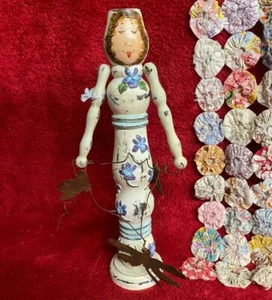 Vtg Folk Art Wooden Doll Figurine with Rustic Metal Bees & Dragonfly Shapes - Picture 1 of 5