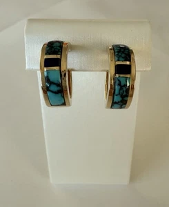 Handmade 14K Gold Turquoise & Lapis Inlay Huggy Hoop Earrings by Tony Sanchez - Picture 1 of 10