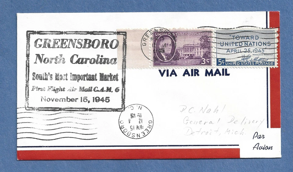 CAM 6 GREENSBORO N.C TO DETROIT NOV 15,1945 19N84 FIRST  FLIGHT COVER - Image 1 of 1