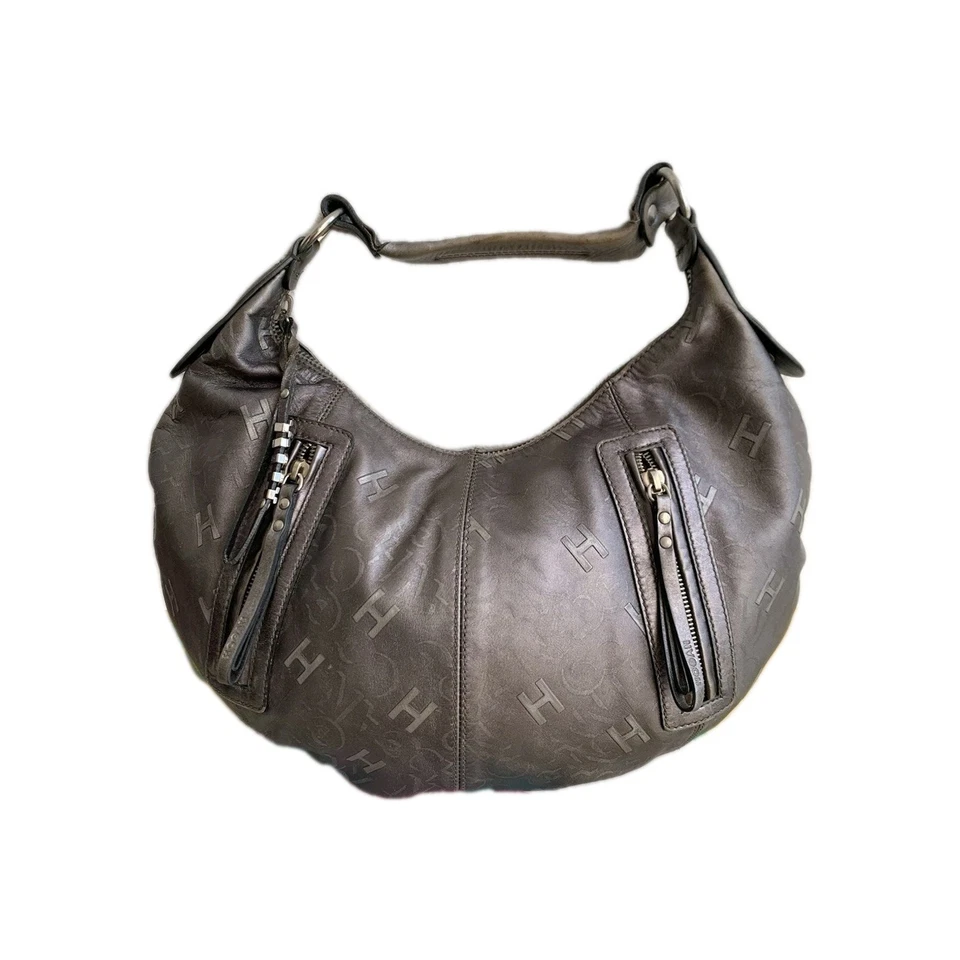 Hogan Hobo Shoulder Bag – Gray Leather Monogram –Zip Accents –15"x5" –10.5" Drop - Image 1 of 4