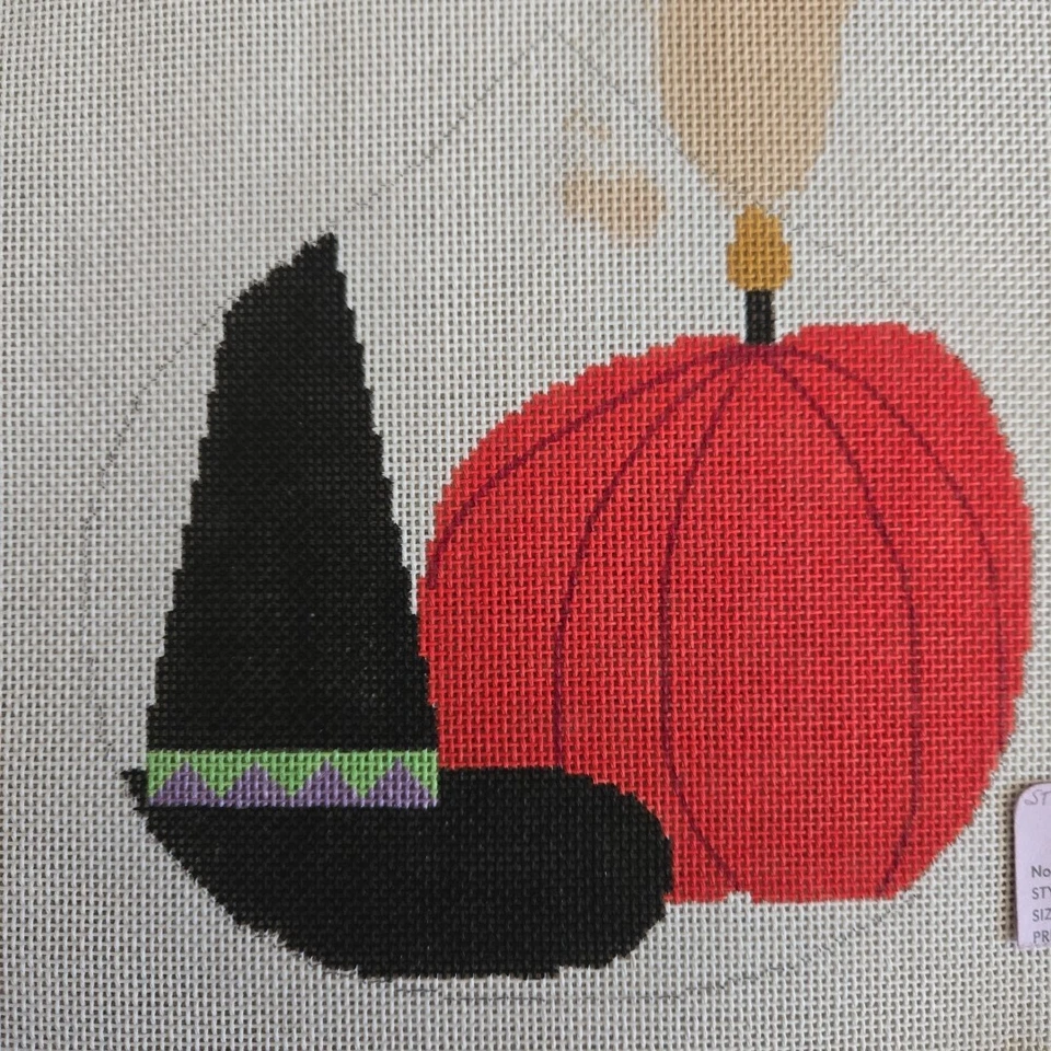 Vintage Needlepoint Witchhat Pumpkin Handpainted Canvas 6x6" 18 Mesh - Image 1 of 1
