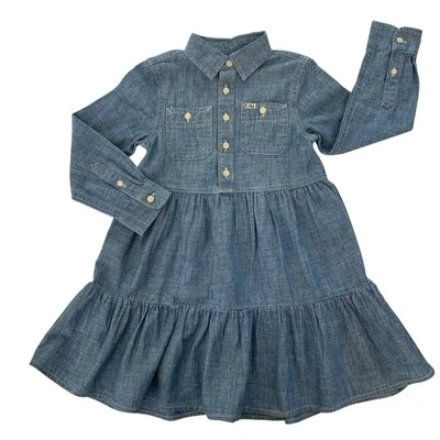 Polo Ralph Lauren Prairie Dress Blue Chambray Long Sleeve Tiered 4T Cottage Core - Image 1 of 4