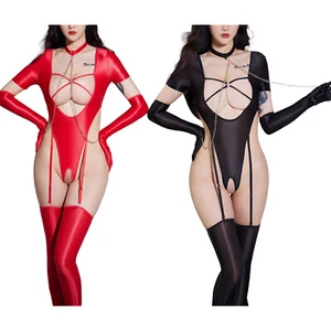 Women's Lingerie Suit Bodysuit Open Crotch Leotard with Gloves Stocks Neck Ring - Picture 1 of 39