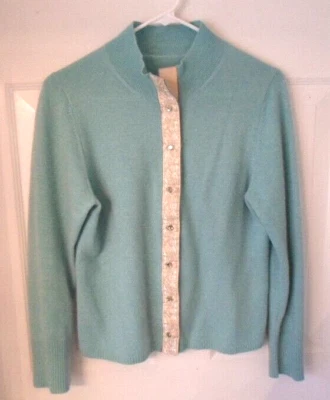 Cashmere Aqua w/Paisley Brocade-like Trim Crystal Buttons Cardigan Sweater SMALL - Image 1 of 4