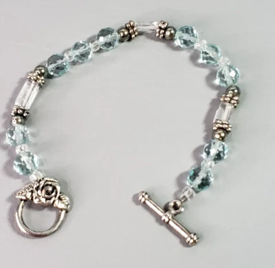 Pulsera Azul Aguamarina Cuentas Peltre Rosa Cierre Palanca Boho Artesanal 7.5"L Foto 1 de 4