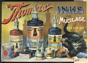 L.H. THOMAS Chicago Inks And Mucilage Steel Sign 16" x 11.5" Kitty Cat 1993 Ltd - Picture 1 of 3