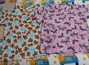 Pair Of Silky Scrubs Tops Womens Size Medium Blue Maple Leaf Pink Butterfly - Picture 1 of 10