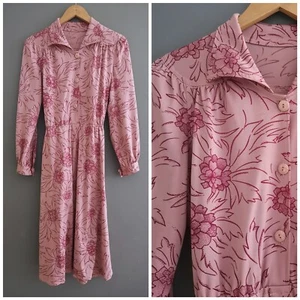 Vintage 70s Pink Floral Midi Tea Shirt BlousonDress 6 8 XS 40s Arts & Crafts - Picture 1 of 7