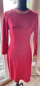 Calvin Klein Red Long Sleeve Gold Tone Chain Embellished Knit Sheath Dress Large - Picture 1 of 16