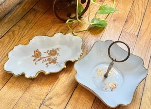 Lote de 2 bandejas de porcelana Limoges Francia adorno dorado rosa floral caramelo nuez plato cosito - Imagen 1 de 6