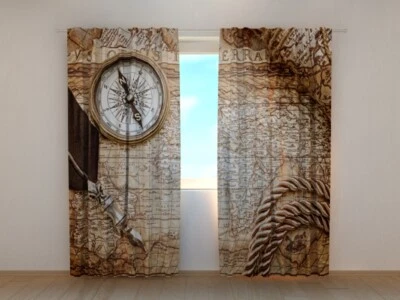 Cortina 3D Impresa con Mapa Vintage con Brújula Imágenes Wellmira Hecha a Medida Foto 1 de 4