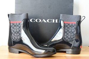 Size 9  COACH Rubber Rain Booties Black Logo Stretch Pull-On Style G5255
