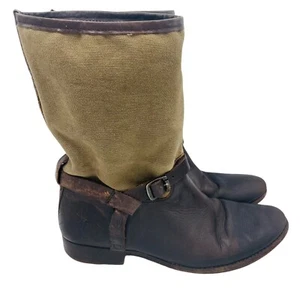 FRYE Melissa Boots Women's 8B Moto Brown Canvas Leather Buckle Short Shaft - Picture 1 of 9