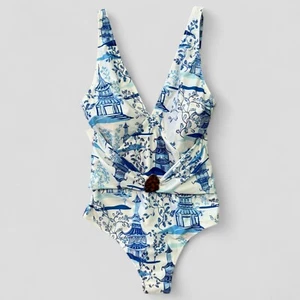 Costume intero Averie Himari Pagoda XL taglia 10 blu bianco nuovo con etichette $135 - Foto 1 di 8