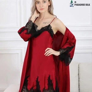 Conjunto de ropa de dormir y vestido de seda natural con encaje sexy para mujeres ropa de descanso perfecta - Imagen 1 de 9