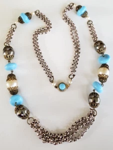 Vtg Blue Glass Faux Pearl Silver Tone Bead Gold Tone Rolo Chain Necklace 31.5" - Picture 1 of 7