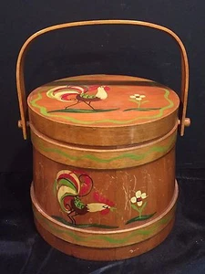 Vintage Tole Painted Wooden Firkin Bucket with Roosters and Flowers c. 1960s - Picture 1 of 10