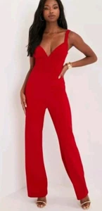 LULU’s Out Tonite Women’s Diva Red Pleated Sleeveless Bustier Jumpsuit Pants XL - Picture 1 of 12