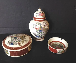 Set of 3 Vtg Japanese Satsuma Peacock Ashtray,Trinket Box W/Lid & Urn/Ginger Jar - Picture 1 of 7