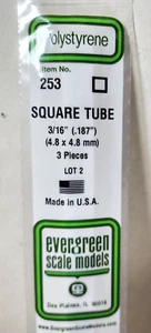 Evergreen Scale Model Plastic 253 Styrene SQUARE TUBE 3/16" Pack of 3 - 14" Long - Picture 1 of 3