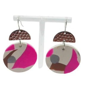 Pink and White Dangling Womens Earrings Fun Colorfun Bright Summer Geometric - Picture 1 of 6