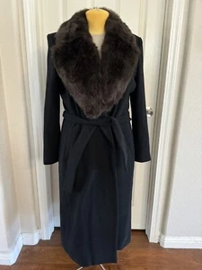 Long Black Penny Lane Coat Faux Fur Trim VTG Wool Retro Y2K Sz Medium NEW / NOS - Picture 1 of 16