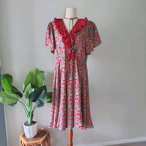 DIANE FREIS Vintage Red Grey Floral Ruffle Bohemian Midi Dress 80's Size Medium - Picture 1 of 9