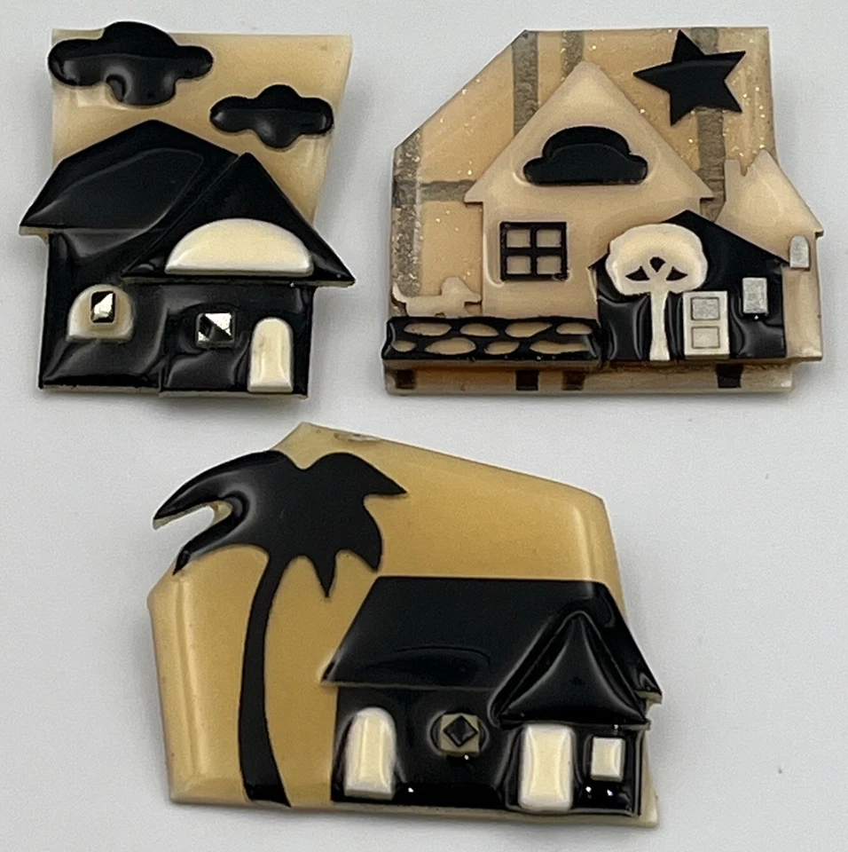 Lote de 3 broches vintage de casa de Lucinda para casa en blanco y negro hechos a mano Foto 1 de 4