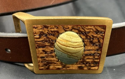 MASTER WORKS Hippie Ovalado Jaspe Madera Latón Hebilla de Cinturón De Colección RARO 3" X 2"* Foto 1 de 4