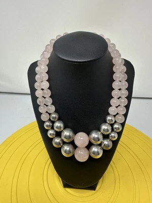 纯银 2股粉红色玫瑰石英串珠项链项链 215 克 18 英寸 — 第 1/4 张图片