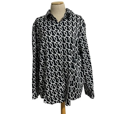 Chicos Womens Sz XXL No-Iron Black & White Geometric Button-Up Shirt Long Sleeve - Image 1 of 4