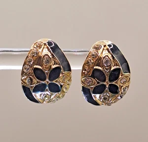 Vtg Oval Black Enamel Clear Rhinestone Textured Oval Gold Tone Pierced Earrings - Picture 1 of 5