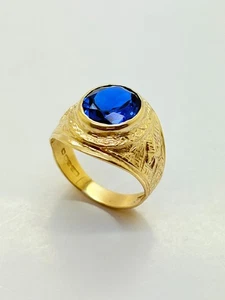 9ct Yellow Solid Gold Blue Stone Signet Ring - Picture 1 of 12