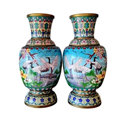 "Par de jarrones con espejo de esmalte cloisonne chino dinastía Qing 12"" grulla pájaros florales" Foto 1 de 4