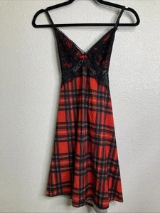 Y2K Babydoll Schlupfkleid Gr. L dunkel Academia rot kariert adrett schwarz Spitze - Bild 1 von 3